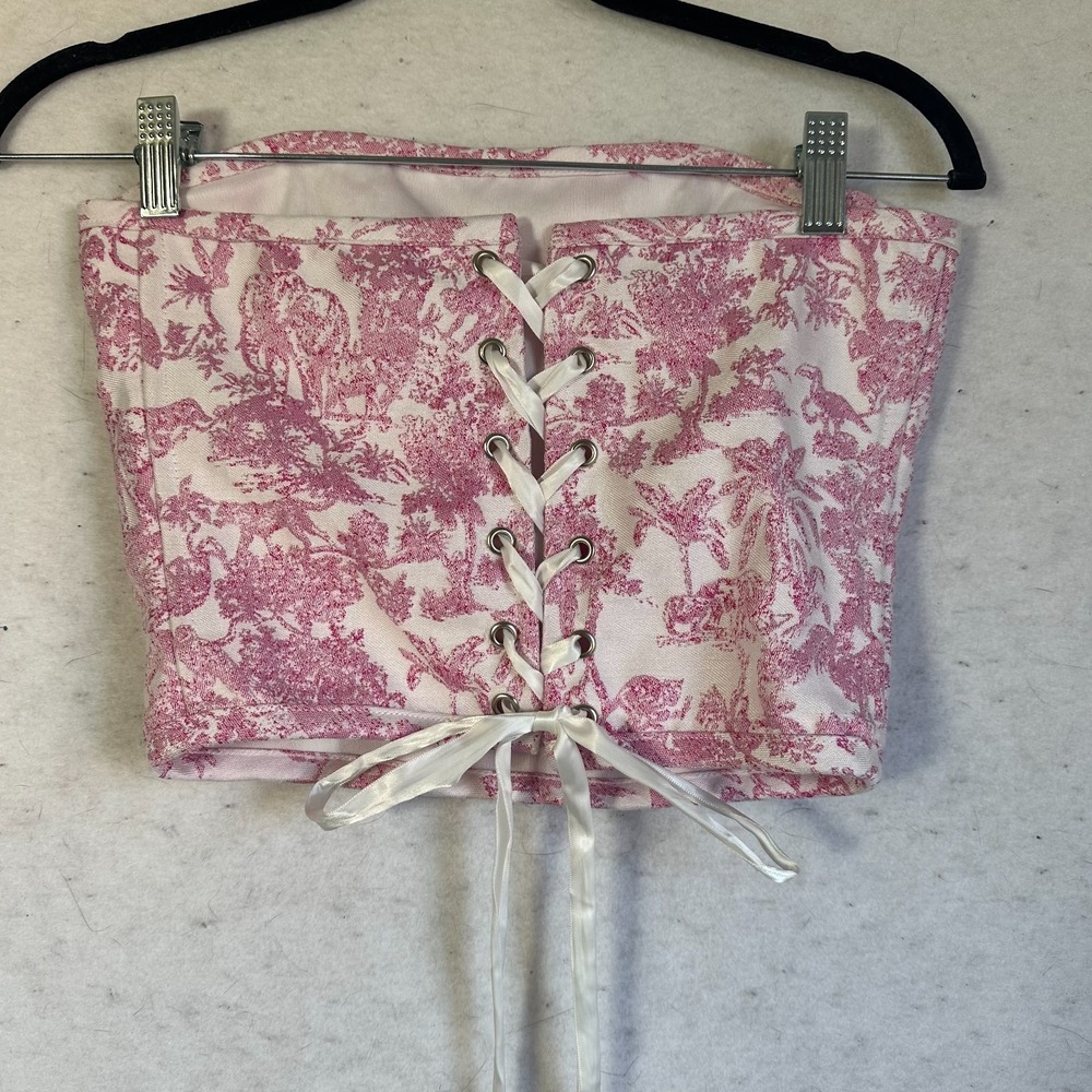 Corset top size M pink white toile lace up back strapless coquette french boned